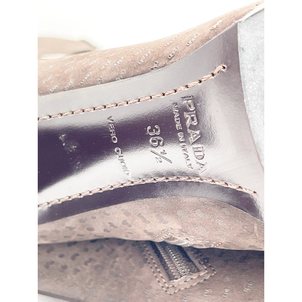 Prada Vintage Brown Embossed Nubuck Square Toe Heeled Knee High Boots IT 36.5 - Picture 12 of 14